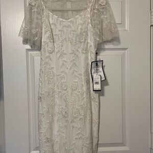 Adrianna Papell White Beaded Floral Embroidered Midi Dress with Sheer Capelet